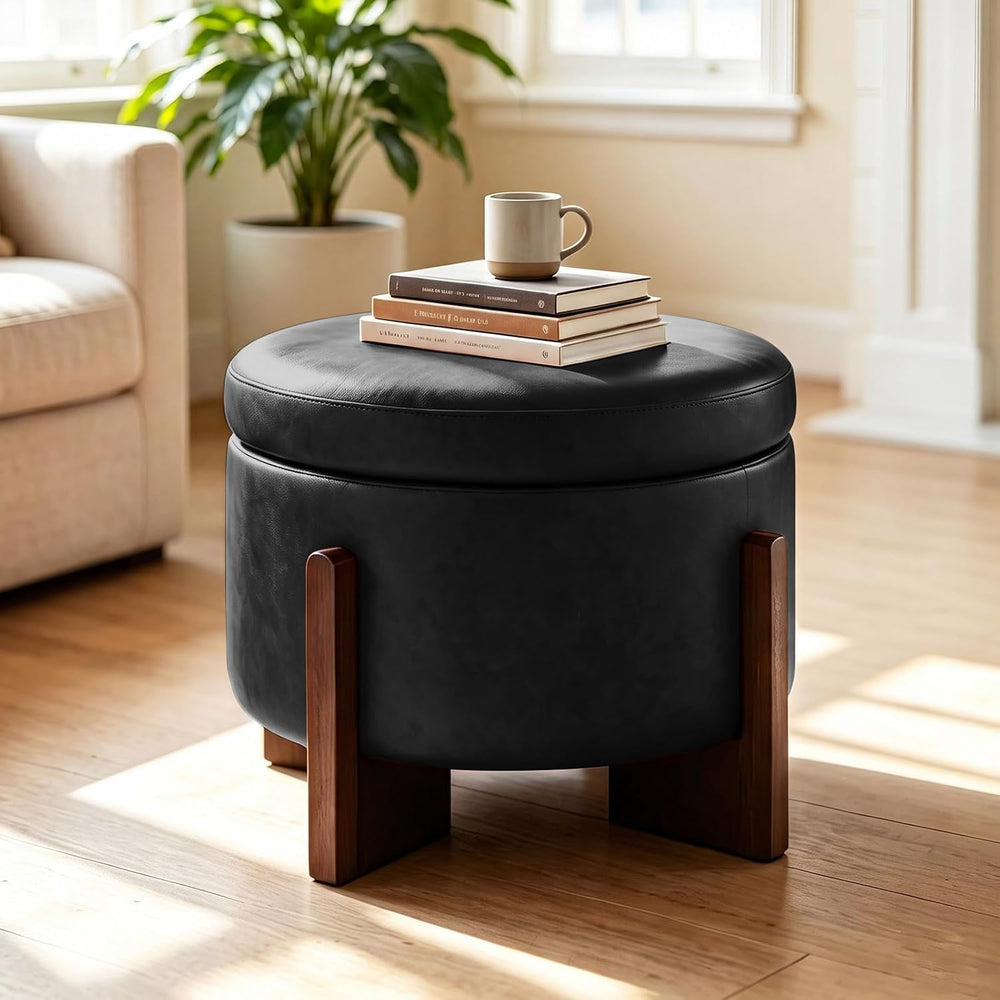 Leather Ottoman with Storage and Ash Wood Legs, Modern Foot Stool,Round Stora...