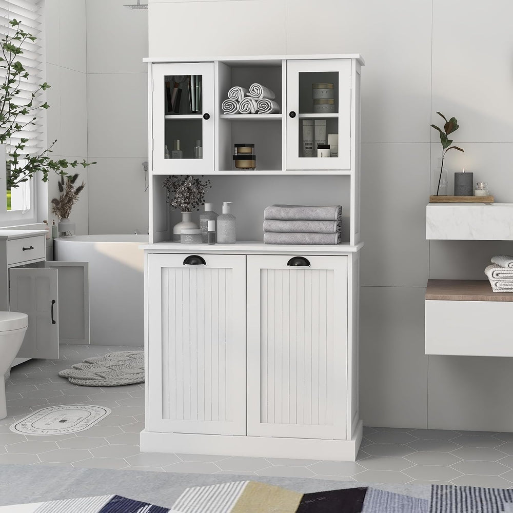 RASOO Tilt-Out Laundry Cabinet White Tall Bathroom Storage Cabinet Laundry Ha...