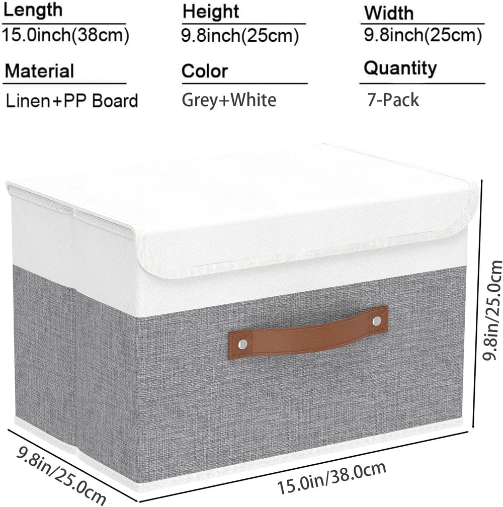 Yawinhe Fabric Storage Boxes with Lids,White/Grey,15.0x9.8x9.8in,7-Pack