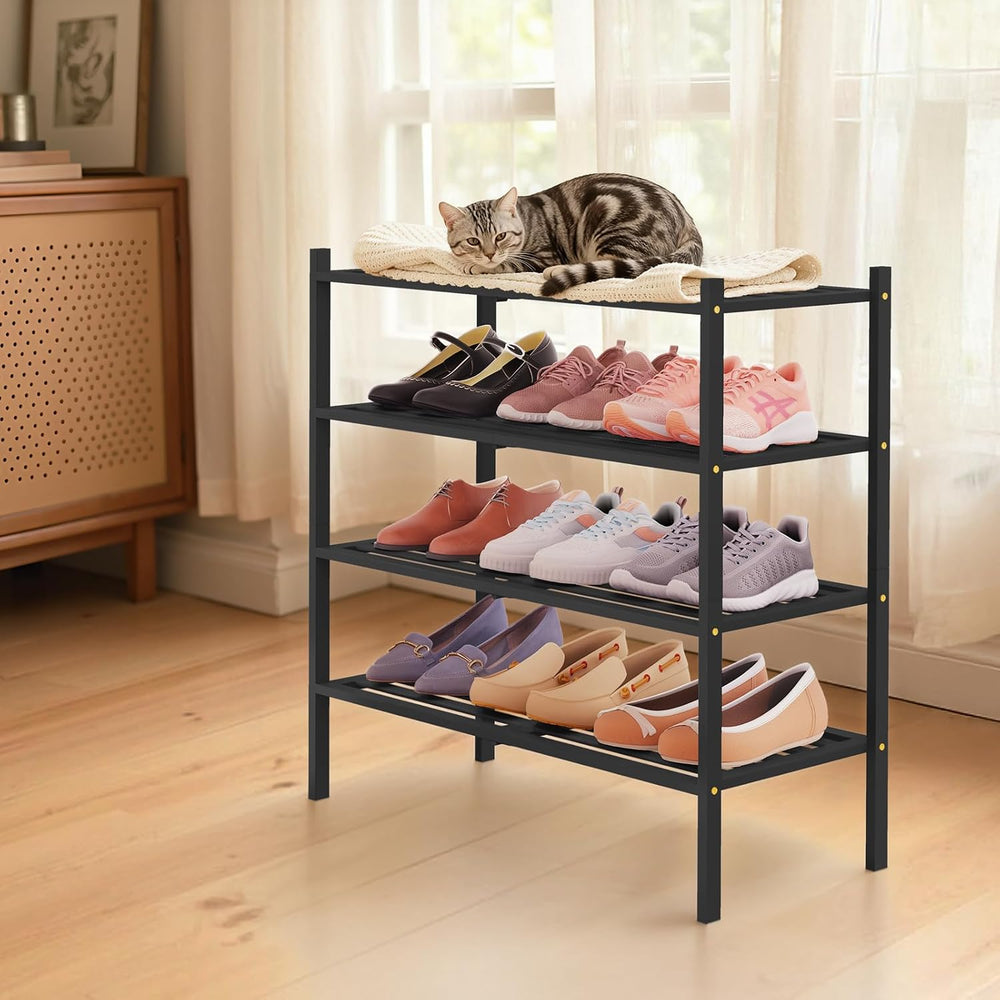 Smiry Bamboo Shoe Rack, 5 Horizontal Slats, 4 Tier - 26.8" Wide, Black