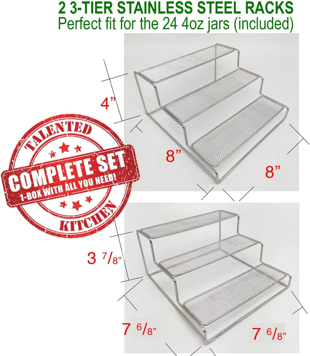 Talented Kitchen 3-Tier Stainless Steel Spice Rack - 24 Square 4oz Glass Jars...