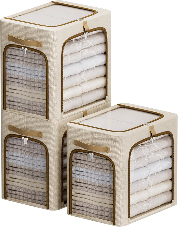 CYhom Clothes Storage Bins with Metal Frame,3 See-Through Windows Openings Clothing Storage Bin,3 Pack Foldable Storage Bins Boxes for Closet (Beige, 55L-16.5 x 12.6 x 16.1IN)