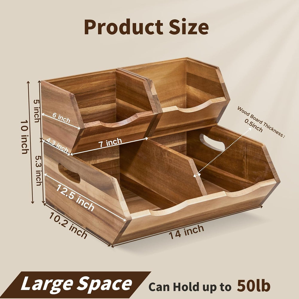 Acacia Wood Pantry Storage Bins, Stackable Storage Baskets Potato and Onion S...