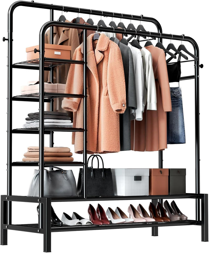 Clothes Rack with Shelves, Double Rods Clothing Rack for Bedroom, Black
