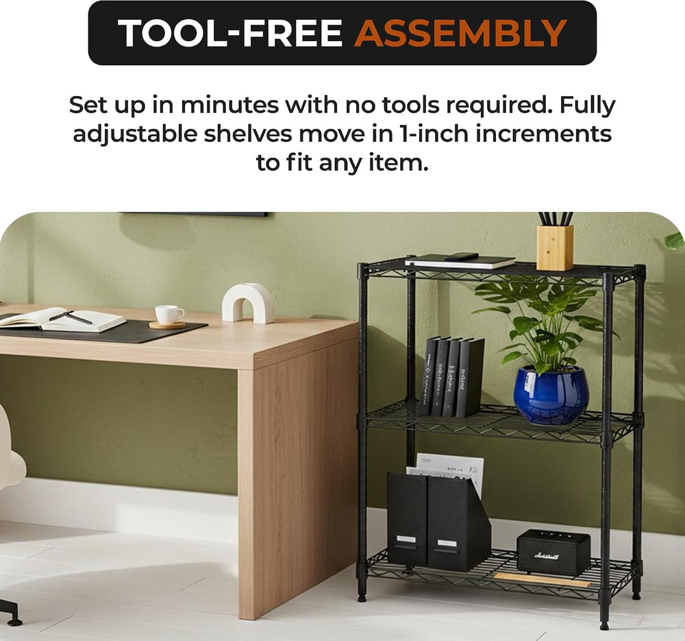 3-Tier Metal Wire Shelf, 250 lb/Shelf, Black, 13.5x23.3x30.1 in