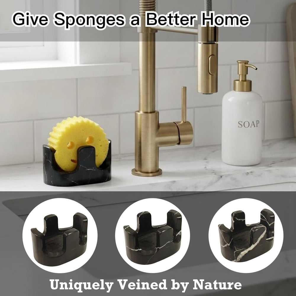Black Marble Sponge Holder for Kitchen Sink, 2-in-1 Natural Stone Sponge &...