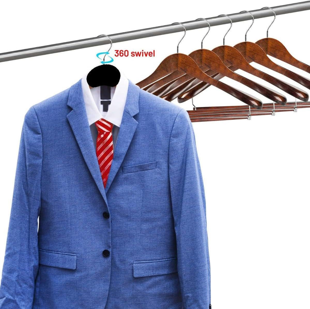 Wide Shoulder Wooden Suit Hangers with Non-Slip Pants Bar & 360° Swivel H...