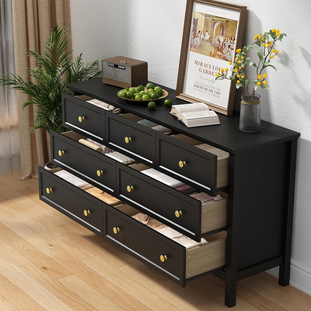 CARPETNAL 55" Black Dresser for Bedroom, 7 Drawer Black and Gold Dresser...