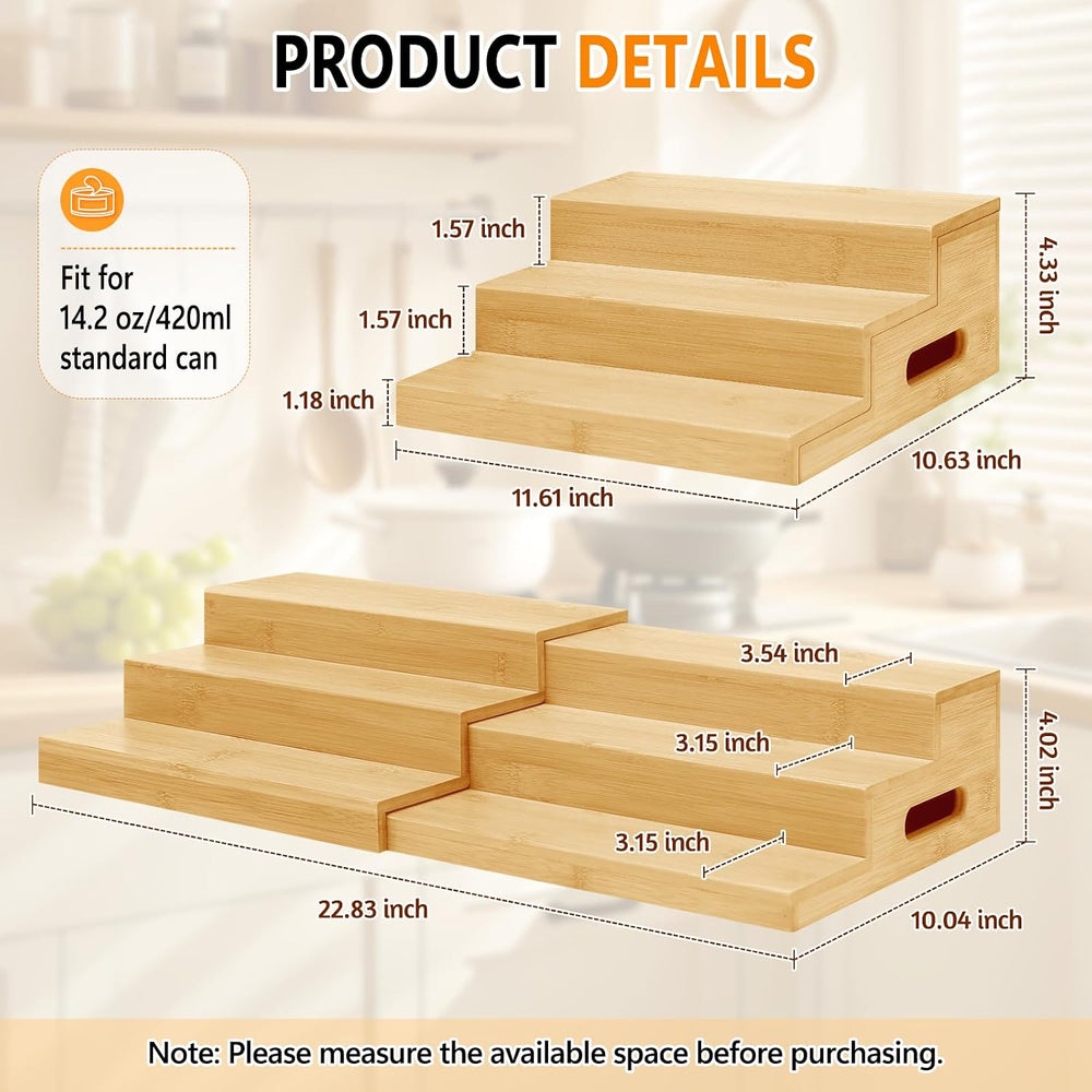 2 Pack 3-Tier Bamboo Expandable Can Rack Organizer for Pantry