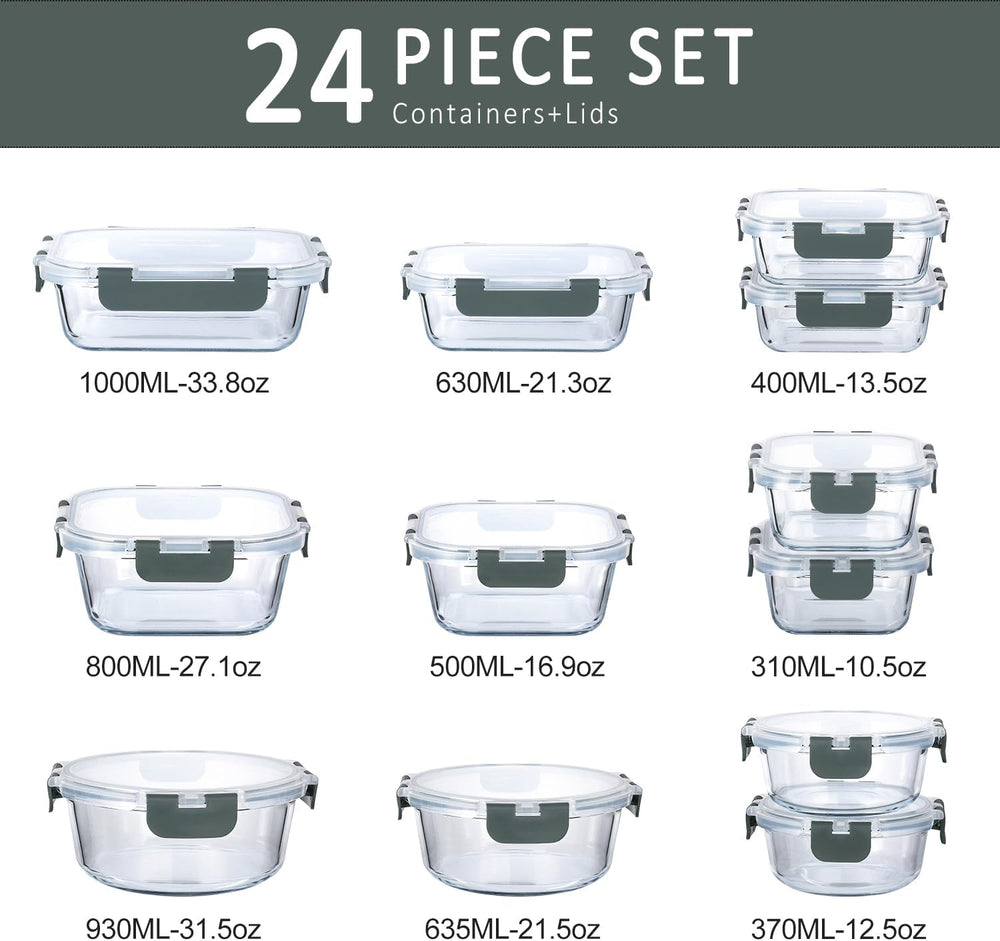 M MCIRCO 24 Piece Glass Food Storage Containers with Lids,Gray