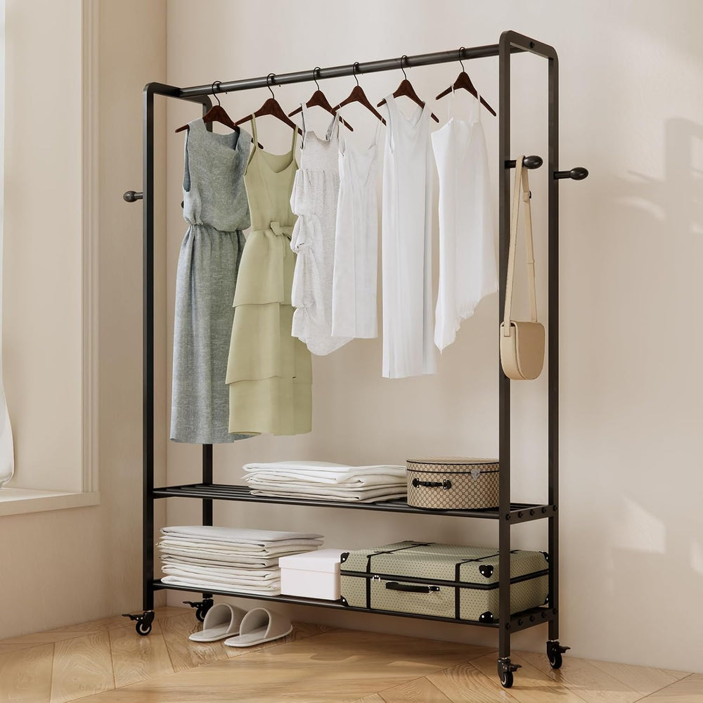 Black Rolling Garment Rack with Shelves and Hooks,Freestanding Metal Clothing...