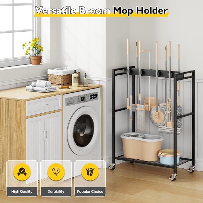 BORISI Broom And Mop Holder, Movable Broom Closet Storage Cabinet, Cleaning Cart