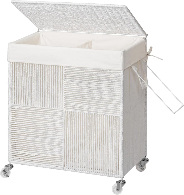 WOWLIVE Double Laundry Hamper with Wheels, Handwoven Rolling Laundry Basket