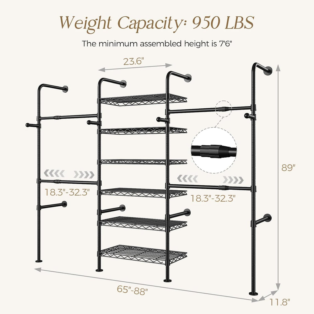 Wall Mounted Closet System, Heavy Duty 3-Row Clothes Rack, Expandable Industr...