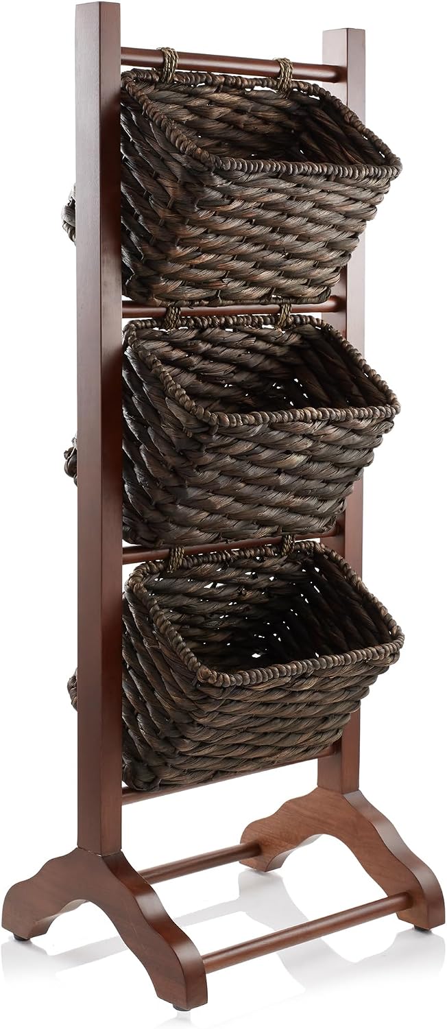 Casafield 3-Tier Floor Stand with Water Hyacinth Storage Baskets, Walnut/Espr...