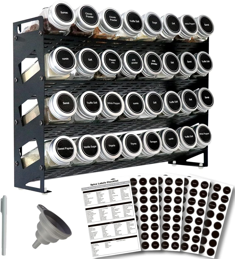 4 Tier Spice Rack Organizer with 32 Square Spice Jars and 160 Spice Labels Se...