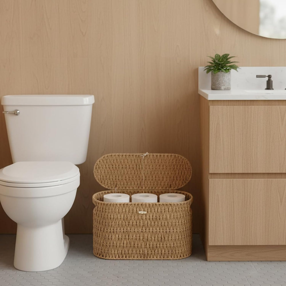 Toilet Paper Storage Basket with Lid, Paper Rope Wicker Basket for Bathroom O...