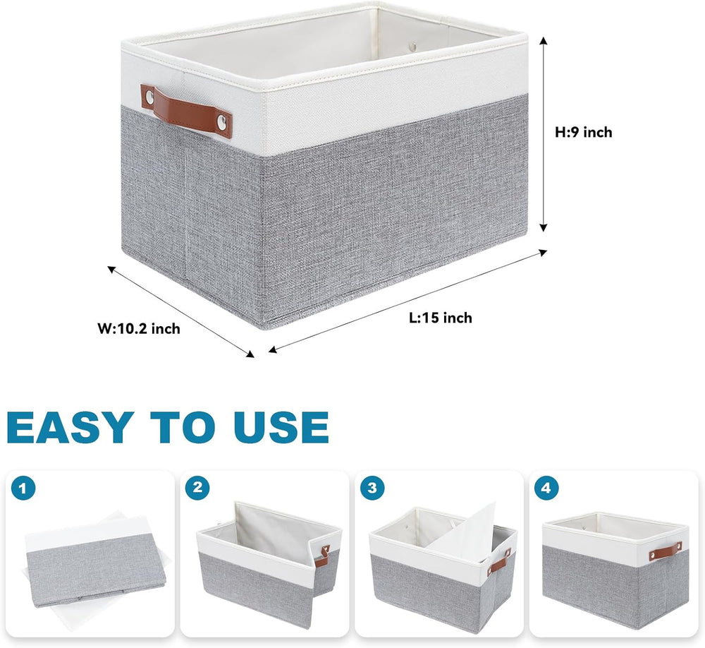 6 Pack Fabric Storage Baskets with Handles (White with Grey,15" L*10.2&q...