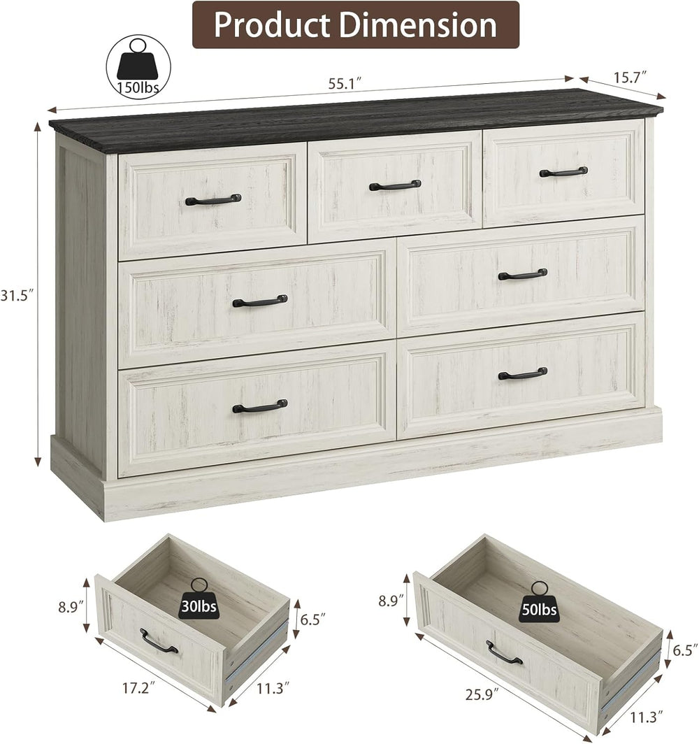 Farmhouse 7 Drawer Dresser for Bedroom, 55" White Dresser with TV Stand