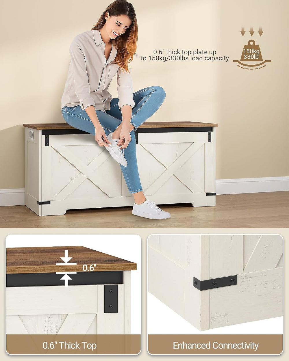 Hzuaneri 43" Farmhouse Storage Chest and Bench | 55 Gal | 330lb Seat
