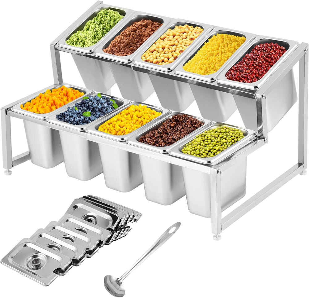 Expandable Spice Rack Organizer, Stainless Steel with 10 Buckets & Lids