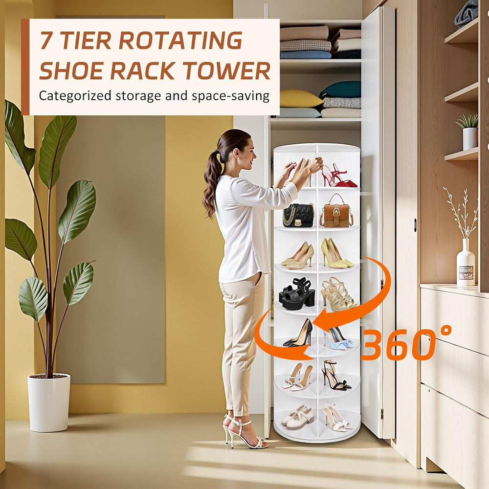 7 Tier Rotating Shoe Rack Tower, Revolving 360 Shoe Rack Storage Round Carous...