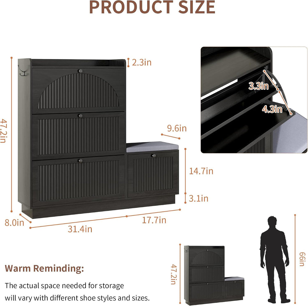 Shoe Storage Cabinet for Entryway with 4 Flip Drawers & Bench (Black)