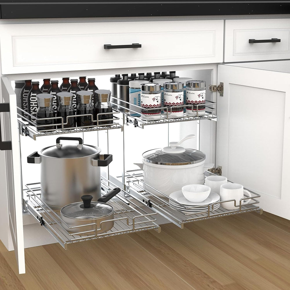 2 Tier Pull Out Cabinet Organizer, 17" W x 21" D Heavy-Duty Metal S...