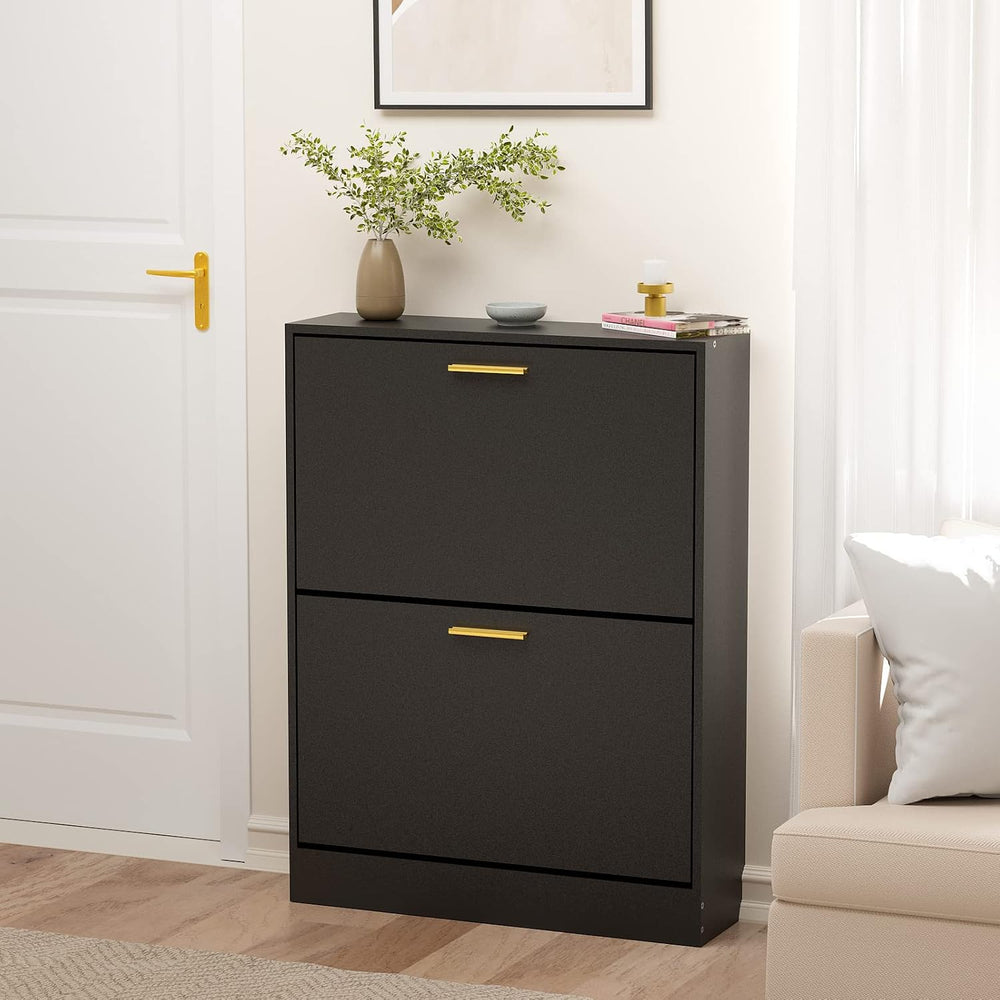 JOZZBY Shoe Cabinet Storage Set of 2 with 2 Flip Drawers, Black丨Slim Freestan...