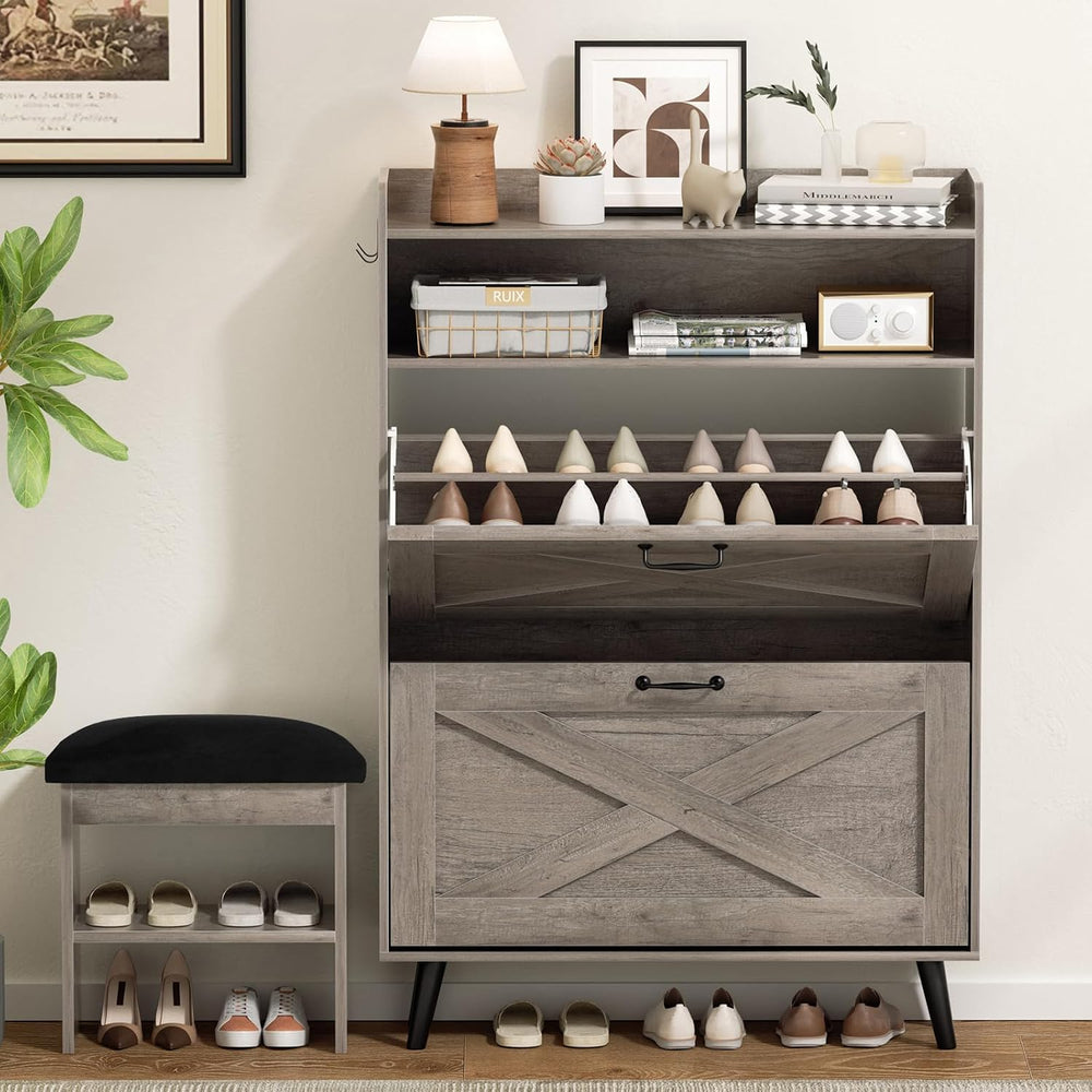 EOYUTLLY Shoe Cabinet with Bench, Shoe Organizer Cabinet with 2 Flip Drawers ...