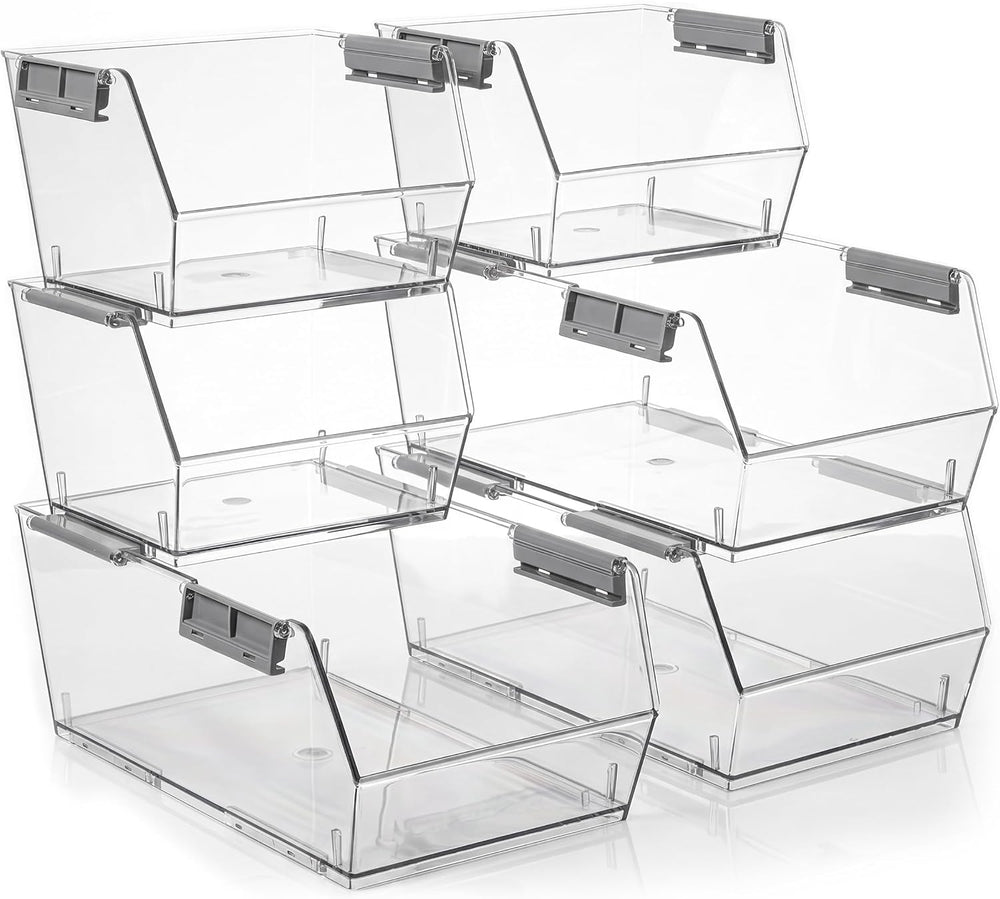 HOMESTEAD Set of 6 Stackable Storage Bins, 3 Large + 3 Small Clear Plastic Or...