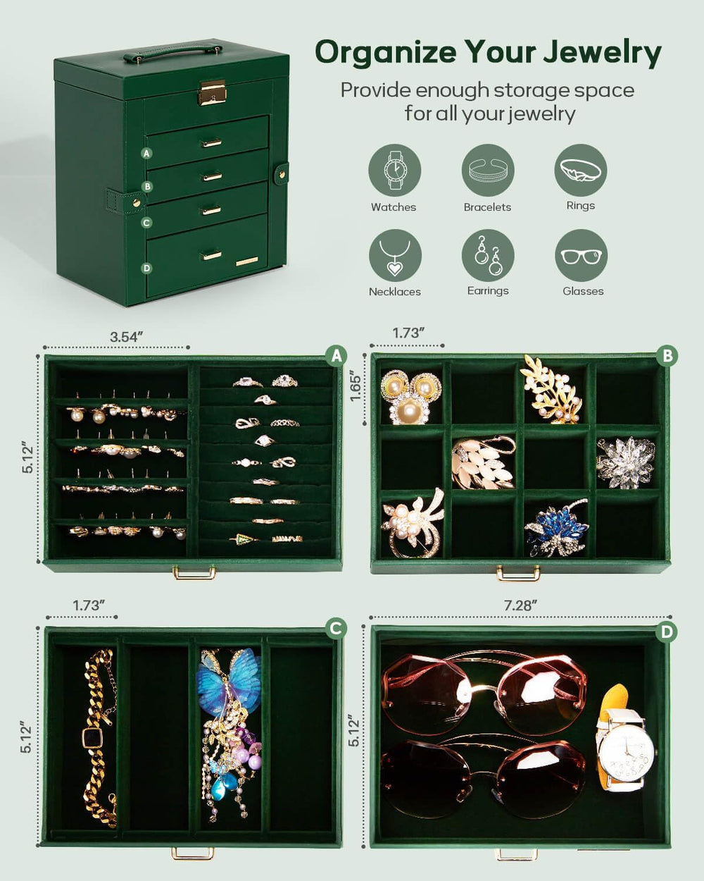 Homde Large Jewelry Box for Women: 5-Layer Organizer with Lock for Dresser