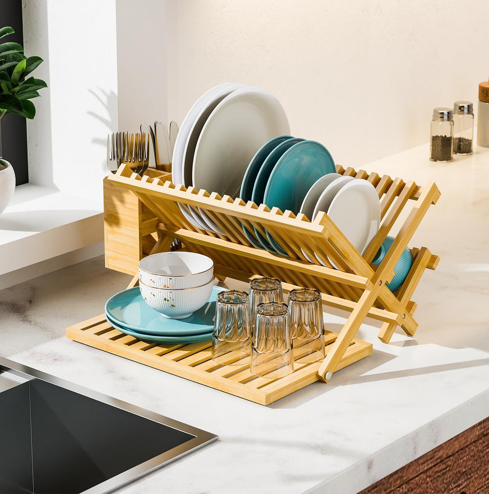 Simple Trending Bamboo Dish Drying Rack, 3 Tier with Utensil Holder