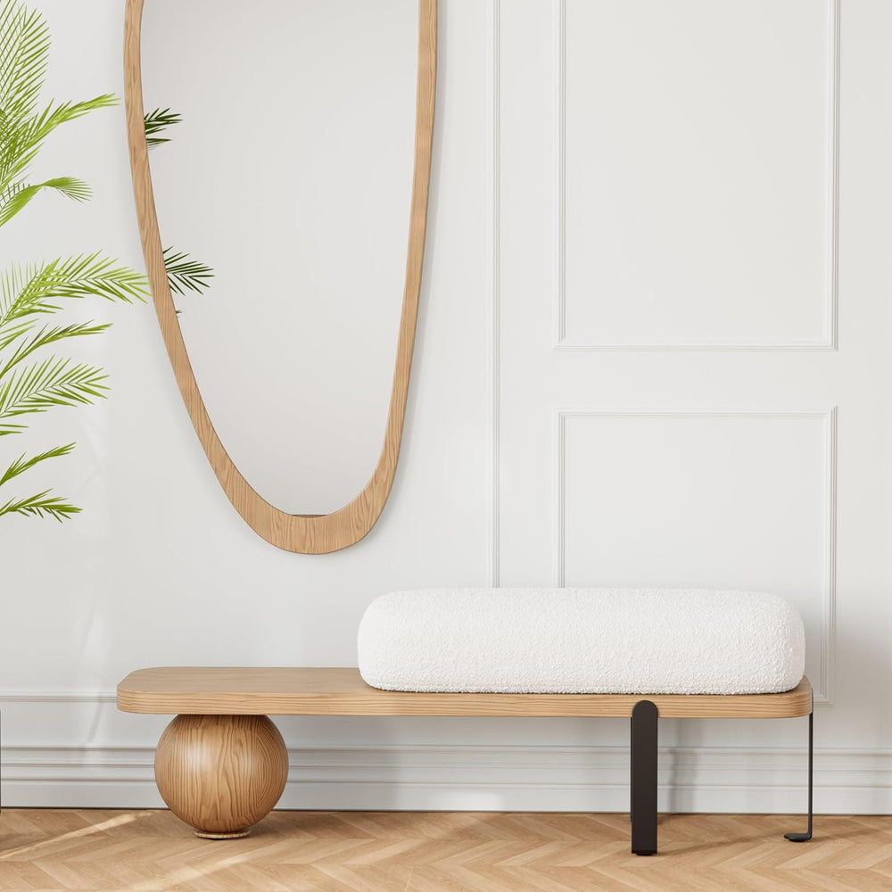 homary Entryway Bench, Modern Wooden Boucle Upholstered Bench with Abstract M...