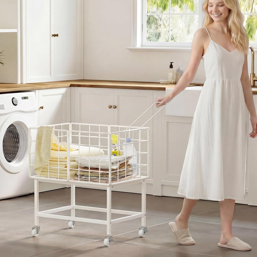 WOWLIVE Rolling Laundry Hamper, Metal Wire Frame Laundry Cart with Wheels