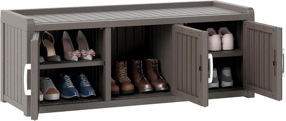 2-Tier Storage Bench, Waterproof UV-Resistant Outdoor Shoe Storage Cabinet wi...