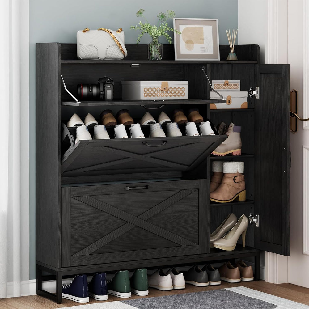 Loomie Farmhouse Flip Drawer Shoe Cabinet, Shoe Organizer with Side Cabinet