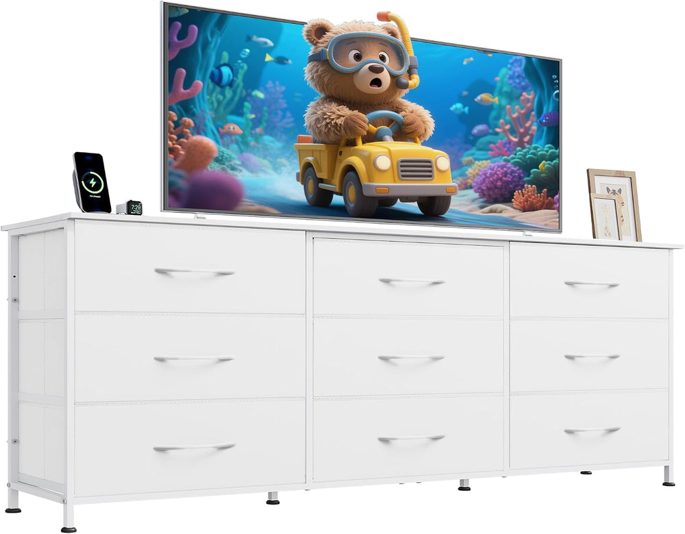 WLIVE Dresser TV Stand for 75 Inch TV, 9 Drawer Dresser for Bedroom, White