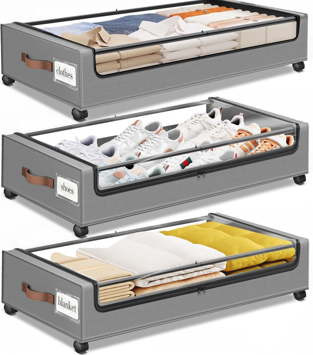 Under Bed Storage with Wheels 3Pack Storage Containers with Clear Window