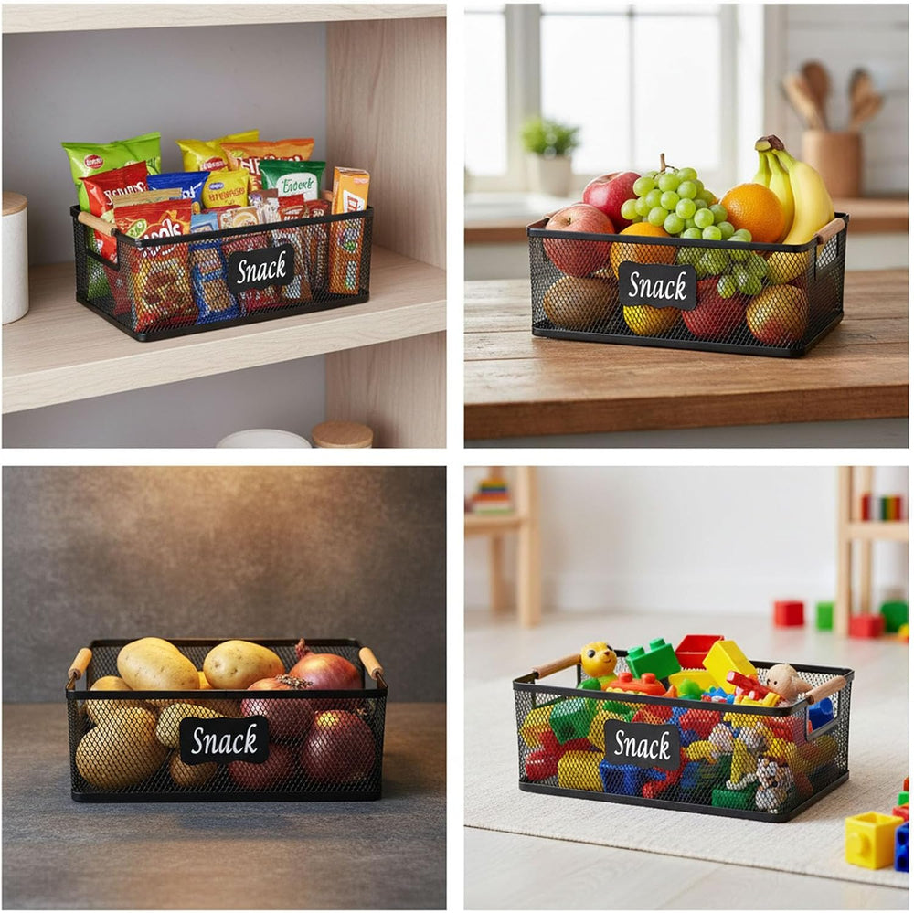 Snack Organizer, 2 Pack Metal Mesh Snack Basket with Wooden Handles, Snack Bi...