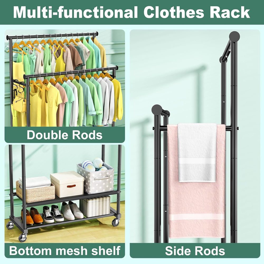 Double Rods Clothes Rack for Hanging Clothes, Heavy Duty Rolling Clothing Rac...