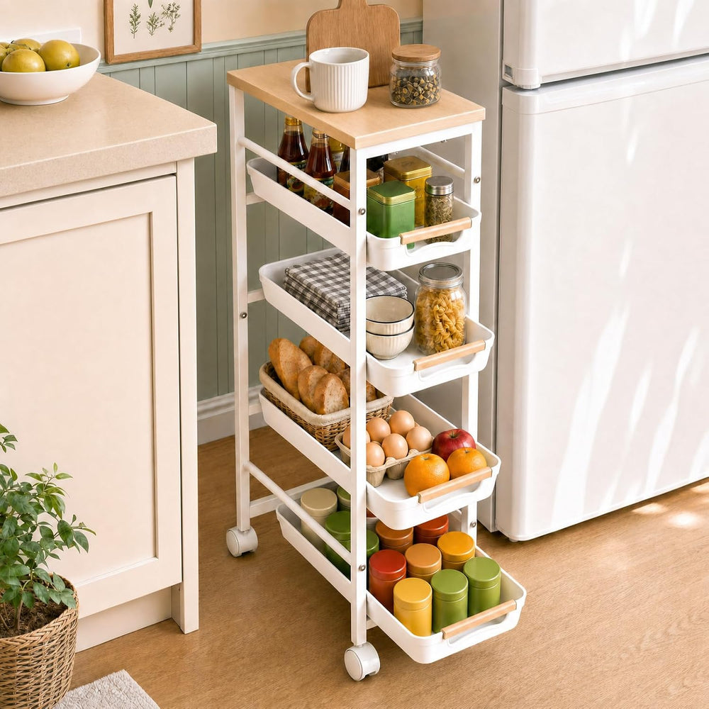 Pipishell Slim Storage Cart, Wooden Top Narrow Kitchen Storage Cart, White