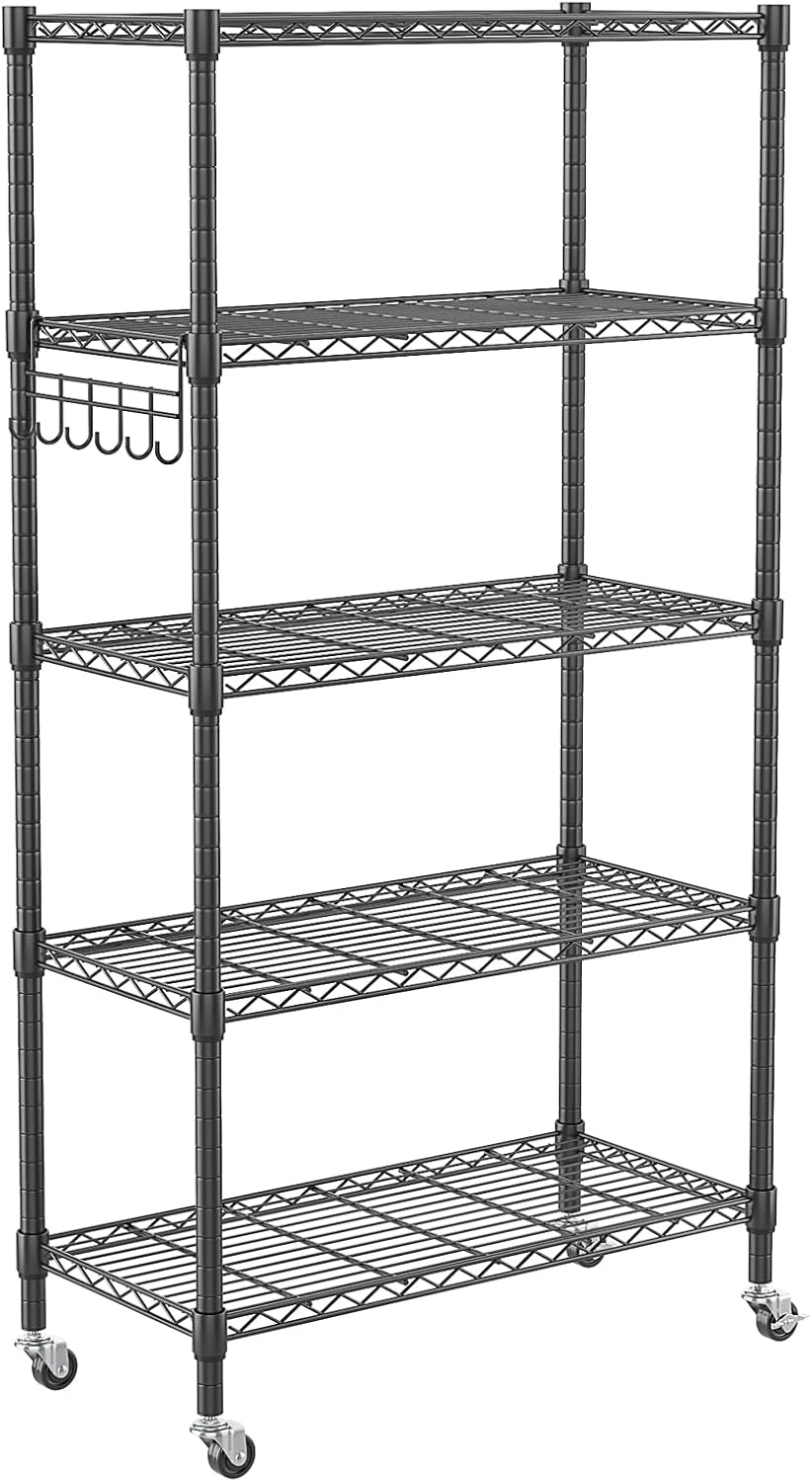 Homdox 5 Tier Metal Storage Shelves with Wheels, Heavy Duty Wire Shelving Uni...
