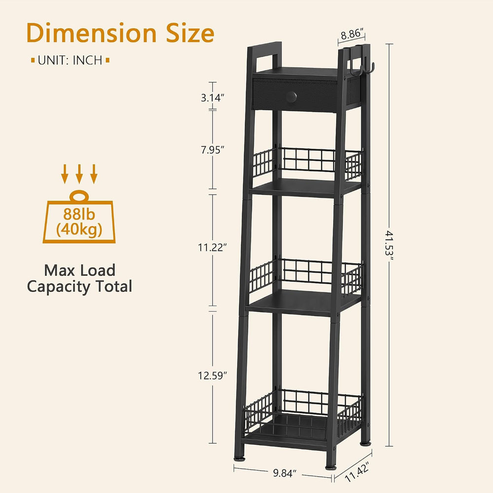 Gewudraw 4-Tier Narrow Bathroom Ladder Shelf with Storage Drawer, Black