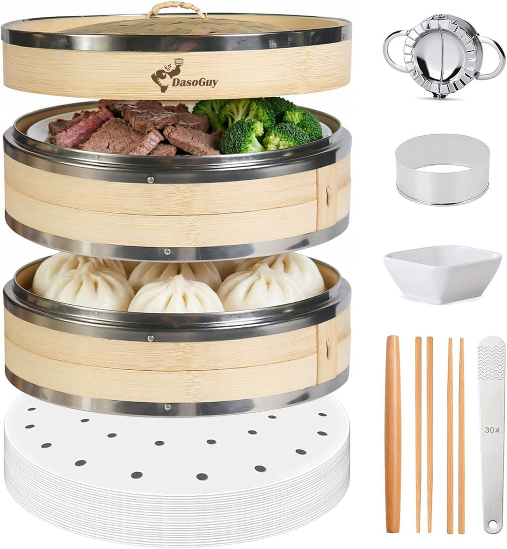 Bamboo Steamer Basket with Stainless Steel Rim 10 Inch Dumpling Steamer Kit