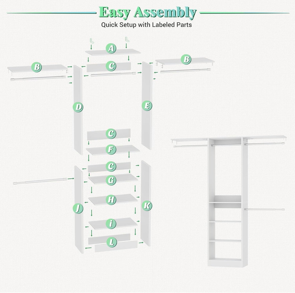 Besiost 4FT Small Closet Organizer System with 4 Hanging Rods & 3 Shelves