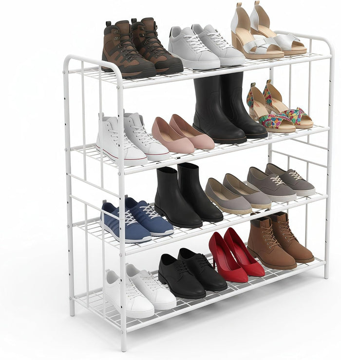 HOSY 4-Tier Metal Shoe & Boot Rack, Standing Adjustable White Utility Shelf