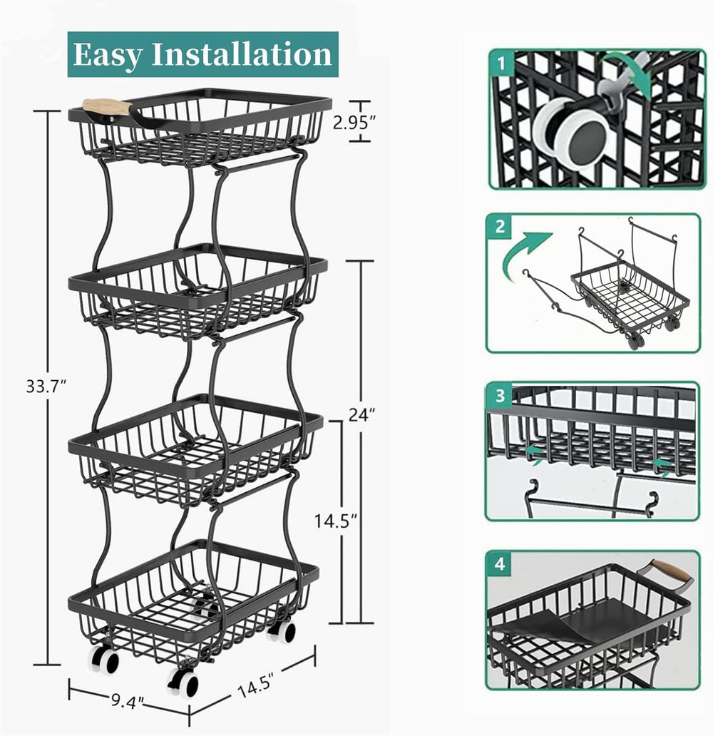 4 Tier Stackable Fruit Vegetable Storage Basket Kitchen Rolling Cart