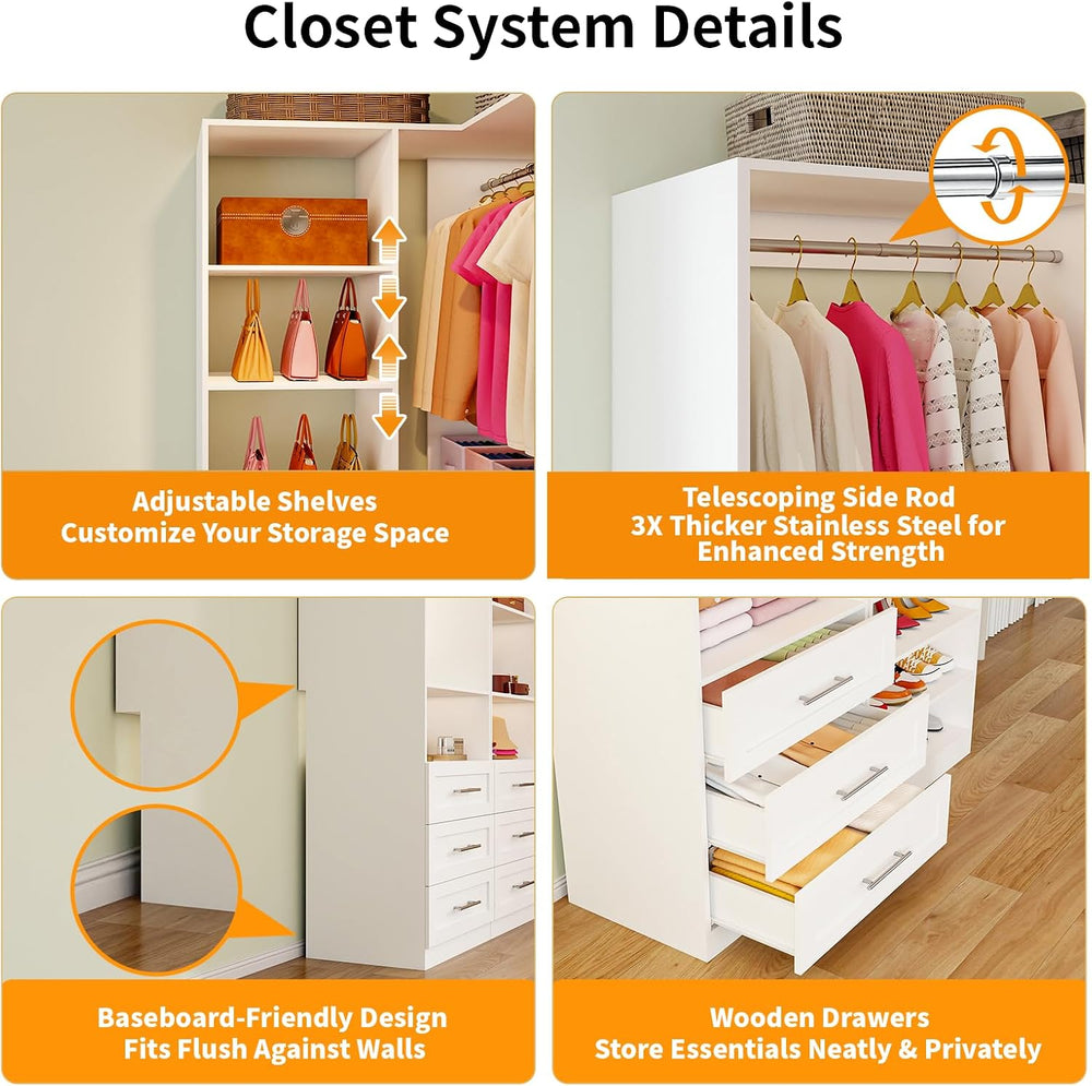 Closet System with 9 Wood Drawers, Corner Closet System with LED Mirror, Walk...