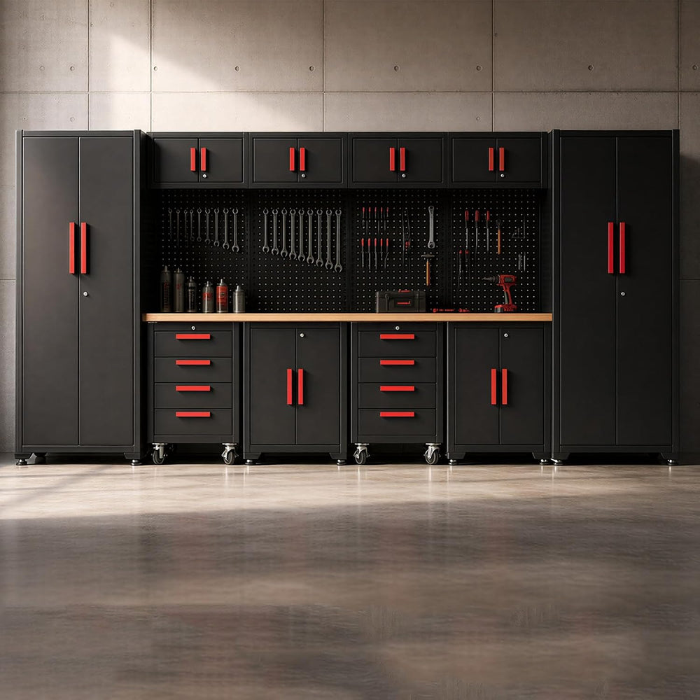 BIG RED Garage Storage Cabinets System, 12Pcs Workshop Cabinet Set in Black